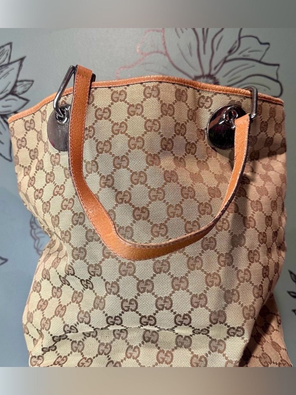 Gucci Beige and Brown GG Canvas Tote with Tan Leather Trim